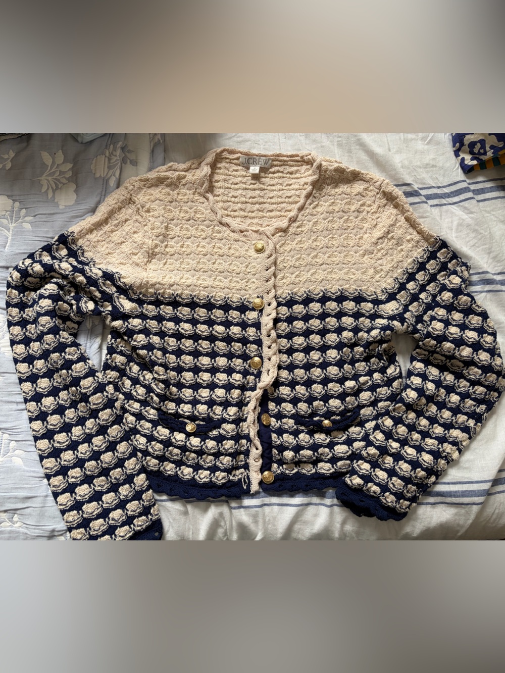 J. Crew Cream and Navy Patterned Knit Cardigan with Gold Buttons